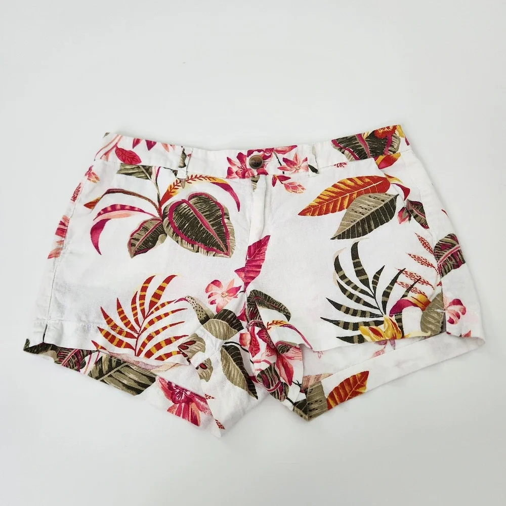 Floral Linen Shorts Women's size 8 White Botanical Mid Rise EUC